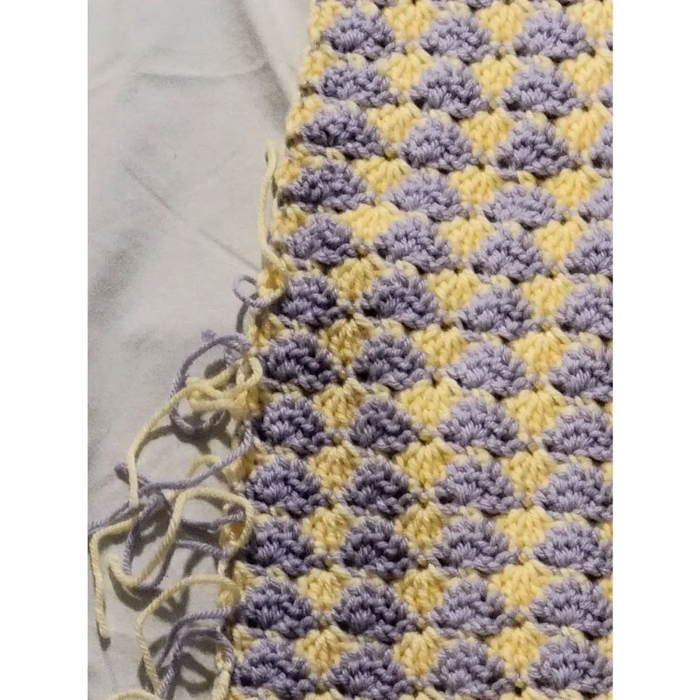 Vintage Afghan Handmade Crochet Throw Baby Lap Blanket Yellow Purple 34x27in‎